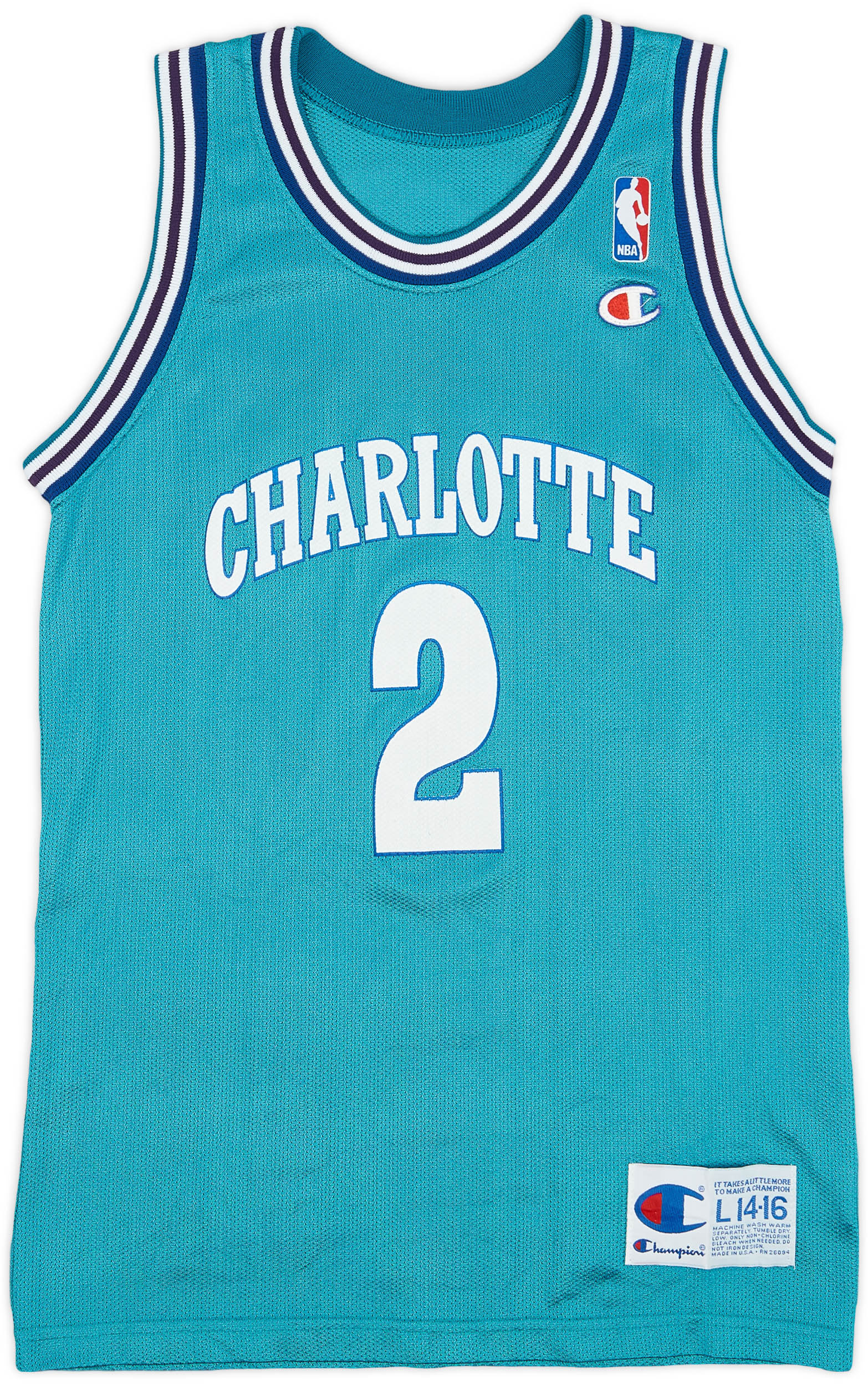 1991-95 Charlotte Hornets Johnson #2 Champion Away Jersey - 9/10 - (L.Boys)