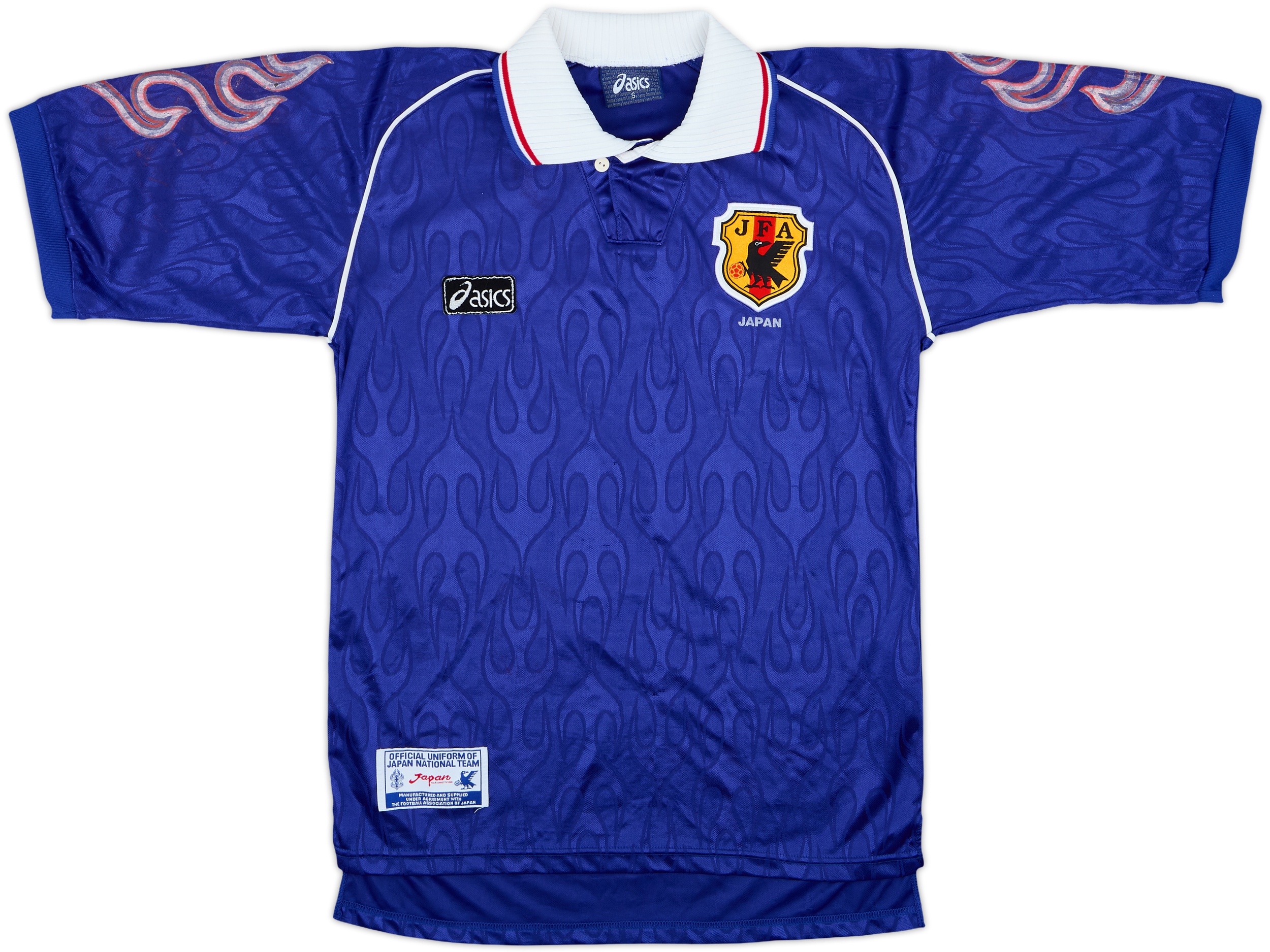 ASICS JFA 日本代表 ユニフォーム 長袖 ブルー 炎柄 1998 Japan 1998 Training Top Asics L JFA Flame Logo Blue Vintage Soccer