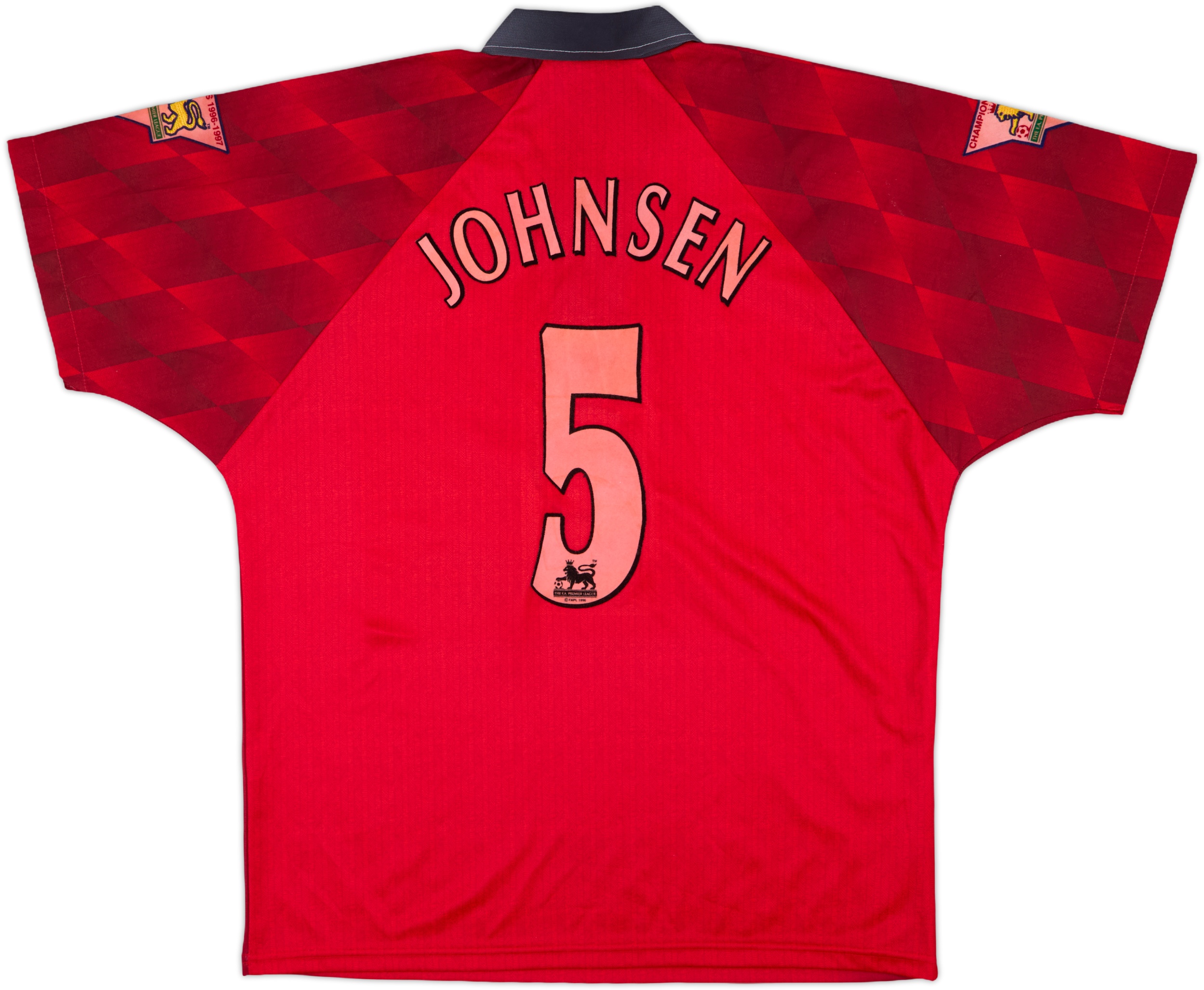 1996-98 Manchester United Home Shirt Johnsen #5 - 7/10 - (M)