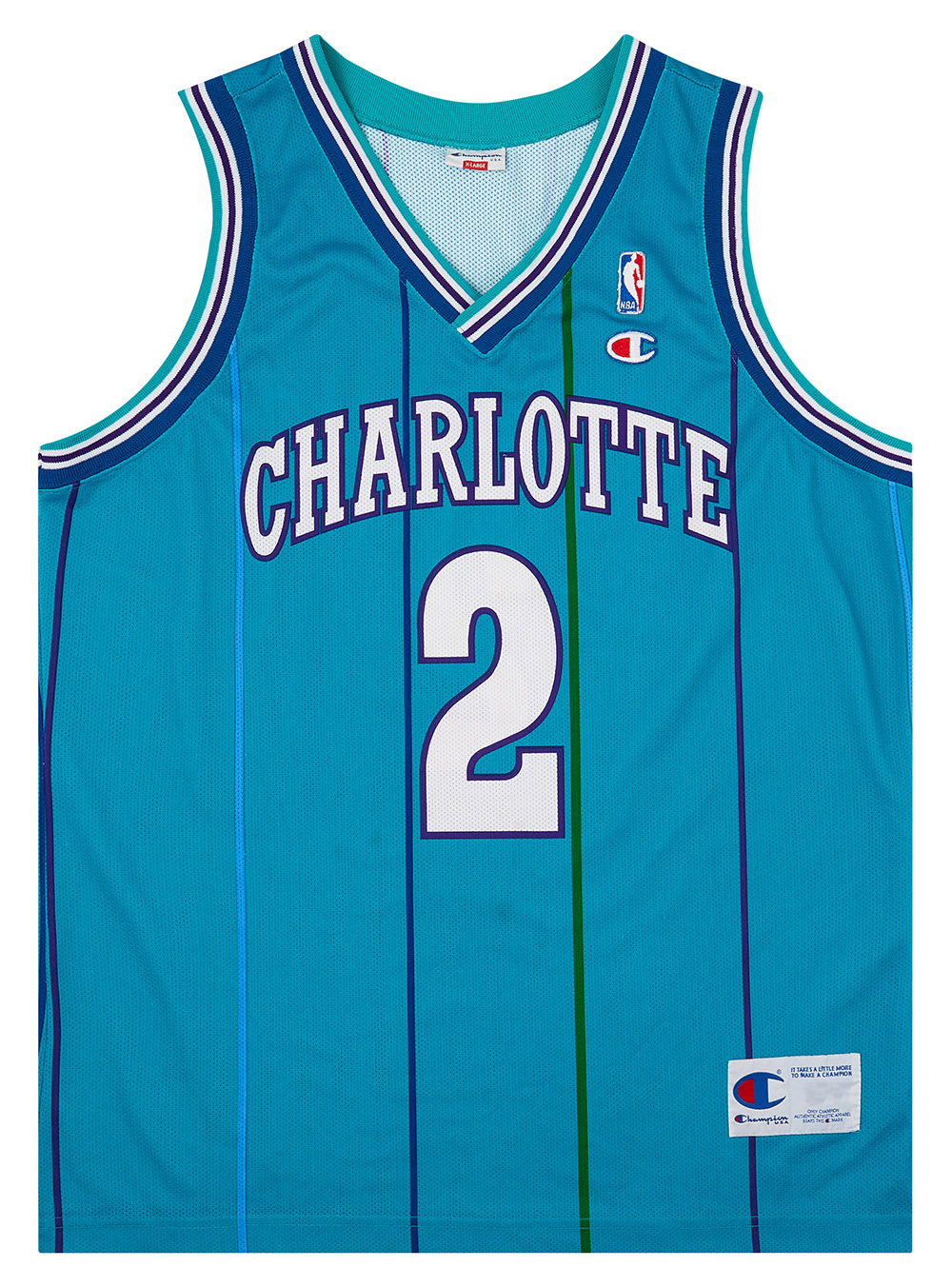 1992-96 Charlotte Hornets Johnson #2 Champion Away Jersey (Very Good) XL